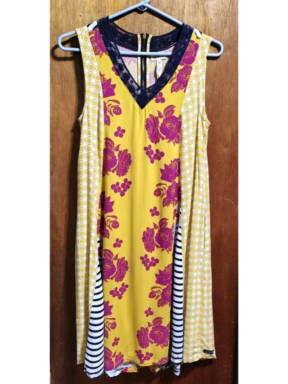 Matilda Jane Golden Key Swing Dress Sz S Mustard Yellow Floral Stripes V-Neck